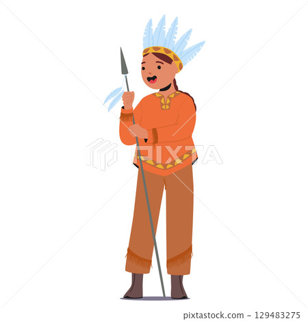 Cute smiling boy child cartoon character wearing thanksgiving Indian costume holding spear Cute smiling boy child cartoon character wearing thanksgiving Indian costume holding spear 129483275