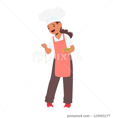 Little girl cooker cartoon character using confectionery topping for sweet dessert decoration 129483277