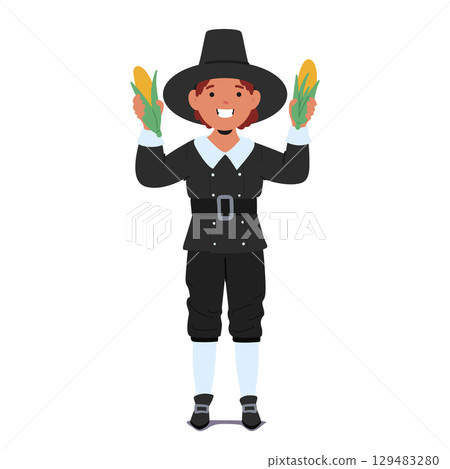 Happy smiling boy kid wearing pilgrim costume tradition thanksgiving holiday suit isolated on white 129483280