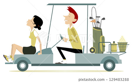 Man and woman on the golf cart car goes to play golf. Smiling man and pretty young woman is going to play golf in the golf cart car. Isolated on white background Man and woman on the golf cart car goes to play golf. Smiling man and pretty young woman is going to play golf in the golf cart car. Isolated on white background 129483288