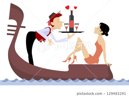 Man and woman ride on gondola. Gondola. Man holds a tray with a bottle and two glasses and offers young woman to drink. Heart symbol. Love Man and woman ride on gondola. Gondola. Man holds a tray with a bottle and two glasses and offers young woman to drink. Heart symbol. Love 129483291
