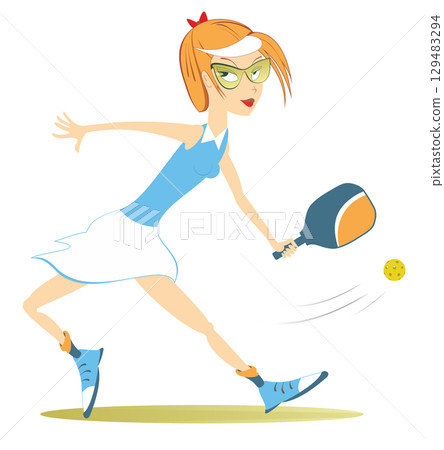 Smiling woman playing pickleball. Smiling girl in sunglasses with pickleball racket makes a shot. White background Smiling woman playing pickleball. Smiling girl in sunglasses with pickleball racket makes a shot. White background 129483294