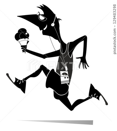 Running young man with an ice cream. Running listening music on player using headphones and eating an ice cream. Black and white illustration Running young man with an ice cream. Running listening music on player using headphones and eating an ice cream. Black and white illustration 129483298