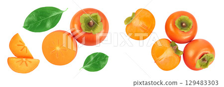 Persimmon fruit isolated on white background with full depth of field. Top view. Flat lay 129483303