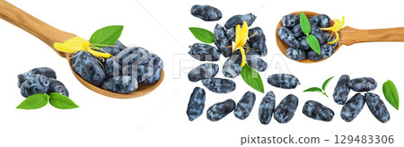 Fresh honeysuckle blue berry isolated on white background. Top view with copy space for your text. . Flat lay. Fresh honeysuckle blue berry isolated on white background. Top view with copy space for your text. . Flat lay. 129483306