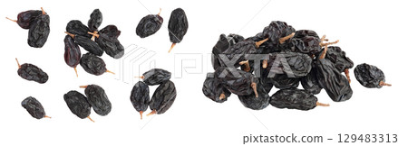 Black raisin isolated on white background . Top view. Flat lay 129483313