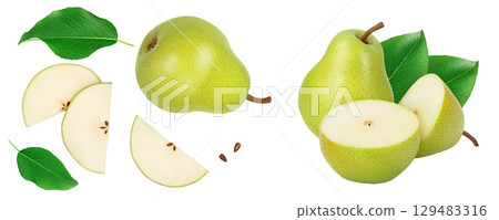 Green pear fruit with slices isolated on white background . Top view. Flat lay 129483316