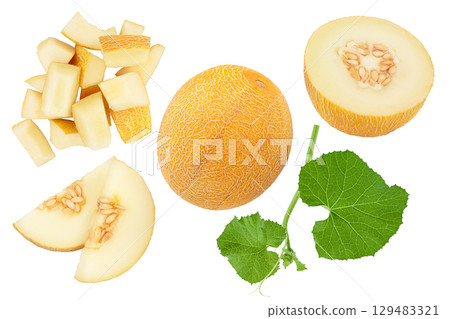 Melon half and slices isolated on white background with full depth of field. Top view. Flat lay Melon half and slices isolated on white background with full depth of field. Top view. Flat lay 129483321