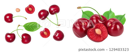 red sweet cherry isolated on white background . Top view. Flat lay red sweet cherry isolated on white background . Top view. Flat lay 129483323