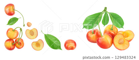 yellow-red sweet cherry isolated on white background. Top view with copy space for your text. Flat lay yellow-red sweet cherry isolated on white background. Top view with copy space for your text. Flat lay 129483324