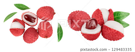 lychee fruit isolated on white background with full depth of field. Top view. Flat lay lychee fruit isolated on white background with full depth of field. Top view. Flat lay 129483335
