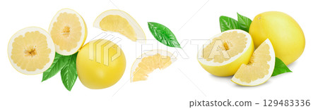 pomelo with slice and leaf isolated on white background with  full depth of field. Top view. Flat lay. 129483336