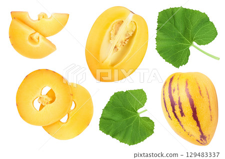 Fresh Pepino fruit half isolated on white background. Top view, flat lay Fresh Pepino fruit half isolated on white background. Top view, flat lay 129483337