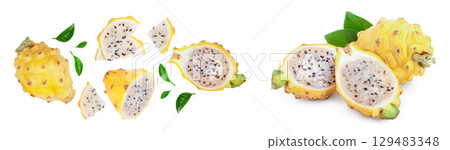 Dragon fruit, Pitaya or Pitahaya yellow with leaf isolated on white background. Top view. Flat lay 129483348