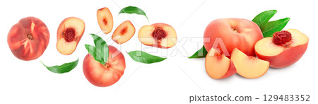 Ripe chinese flat peach fruit and half with leaf isolated on white background with copy space for your text. Top view. Flat lay Ripe chinese flat peach fruit and half with leaf isolated on white background with copy space for your text. Top view. Flat lay 129483352