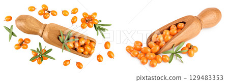 Sea buckthorn in wooden scoop. Fresh ripe berry with leaves isolated on white background. Top view. Flat lay Sea buckthorn in wooden scoop. Fresh ripe berry with leaves isolated on white background. Top view. Flat lay 129483353