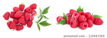raspberries with leaves isolated on white background. Top view. Flat lay 129483369