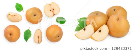Fresh asian pear with leaves isolated on white background. Top view. 129483371