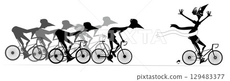 Cycling race. Cyclists in competition. Winner. Cyclist finishing with a winner ribbon. Black and white illustration	 129483377