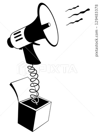 News. Advertisement. Megaphone. Concept. Megaphone on a spring pops out of the box. Black and white illustration 129483378