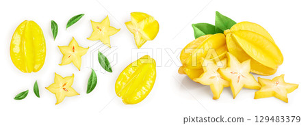 Carambola or star-fruit with leaf isolated on white background. Top view. Flat lay 129483379