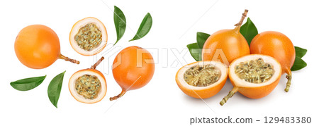 Granadilla or yellow passion fruit with leaf isolated on white background. Top view. Flat lay Granadilla or yellow passion fruit with leaf isolated on white background. Top view. Flat lay 129483380
