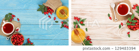 tea with rose hips and honey on blue and light wooden background with copy space for your text. Top view tea with rose hips and honey on blue and light wooden background with copy space for your text. Top view 129483394