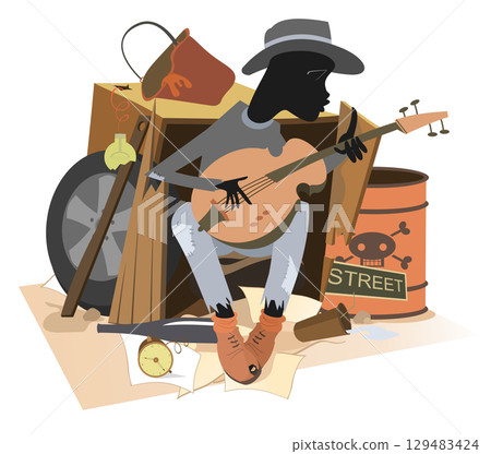 Hungry and chilled homeless plays guitar. Sad African beggar with guitar sits on the disposal dump and sings 129483424