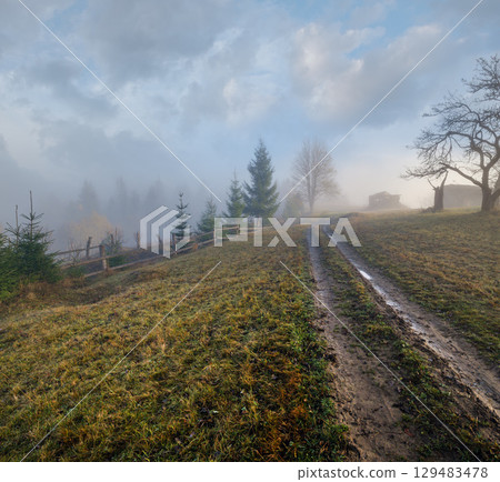 Foggy autumn mountain sunrise scene. Peaceful picturesque traveling, seasonal, nature and countryside beauty concept scene. 129483478