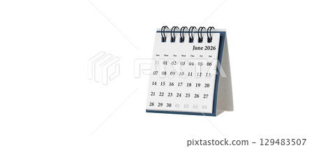 Desktop calendar for June 2026 in white colour. Mini planner for business and finance, spiral view on isolated white background Desktop calendar for June 2026 in white colour. Mini planner for business and finance, spiral view on isolated white background 129483507