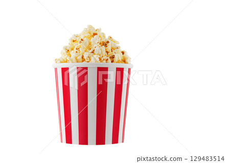 Delicious popcorn, classic box, classic paper cup with red stripe, isolated on white background Delicious popcorn, classic box, classic paper cup with red stripe, isolated on white background 129483514
