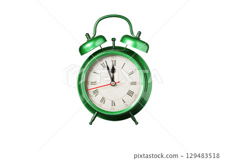 retro clock, pointer clock, green color alarm clock on isolated white background retro clock, pointer clock, green color alarm clock on isolated white background 129483518