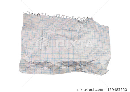 Crumpled Torn Checkered Paper on White Background for Artistic Designs Crumpled Torn Checkered Paper on White Background for Artistic Designs 129483530