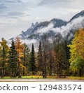 Cloudy and foggy autumn alpine mountain scene. Austrian Lienzer Dolomiten Alps. 129483574