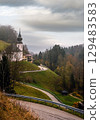 Overcast foggy autumn morning and Maria Gern church,  Berchtesgaden,  Germany 129483583