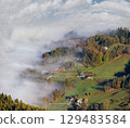 Autumn Alps mountain misty morning view from Jenner Viewing Platform, Schonau am Konigssee, Bavaria, Germany. 129483584