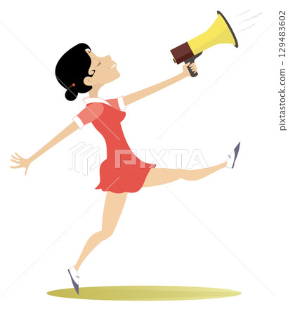 Young woman, megaphone and news. Pretty young woman with megaphone makes announcement. Isolated on white background	 129483602
