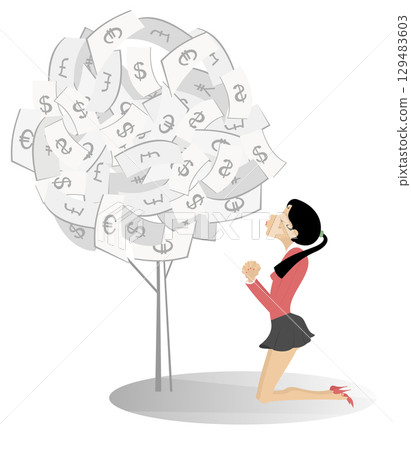 Young woman worshiping money tree. Business woman standing in the kneel worshiping a money tree. Concept illustration	 129483603
