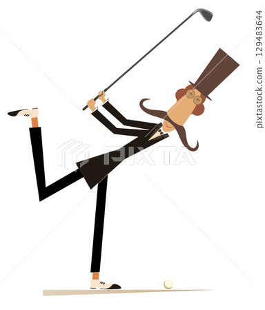 Golfer man on the golf course. Golf course. Long mustache man in the top hat aiming to do a good shot. Isolated on white illustration Golfer man on the golf course. Golf course. Long mustache man in the top hat aiming to do a good shot. Isolated on white illustration 129483644