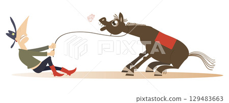 Rodeo. Farmer or cowboy. Angry horse. Farmer or cowboy trying to hold an angry horse. Isolated on white background	 129483663