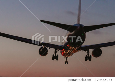一架客機降落在暮色的天空中 一架客機降落在暮色的天空中 129483973