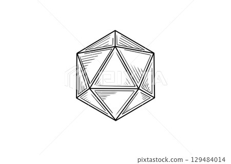 D20 dice sketch for DND game. Black and white drawing of icosahedron for tabletop roleplay. Fantasy RPG adventure D20 dice sketch for DND game. Black and white drawing of icosahedron for tabletop roleplay. Fantasy RPG adventure 129484014