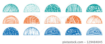 Set of isolated vector colorful grunge textured pen drawing geometric semi circles. Squiggle scratched hand drawn teal, blue, red round semi-circles shapes for graphic design, logo, print Set of isolated vector colorful grunge textured pen drawing geometric semi circles. Squiggle scratched hand drawn teal, blue, red round semi-circles shapes for graphic design, logo, print 129484045