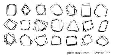 Set of isolated vector black grunge scratch and squiggle ink brush stroke geometric square and rhombus frames. Dirty hand drawn polygonal textured line borders for graphic design, logo, label Set of isolated vector black grunge scratch and squiggle ink brush stroke geometric square and rhombus frames. Dirty hand drawn polygonal textured line borders for graphic design, logo, label 129484046