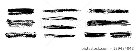 Set of isolated black textured grunge brush strokes with texture. Dirty hand drawn crayon pencil drawing squiggle lines for graphic design, charcoal and chalk decoration 129484048