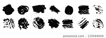Set of abstract textured black ink round and square squiggle paint brush strokes. Dynamic isolated inky scribble blobs, smear brushstroke concept for textured brushes design, stamp, banner 129484049