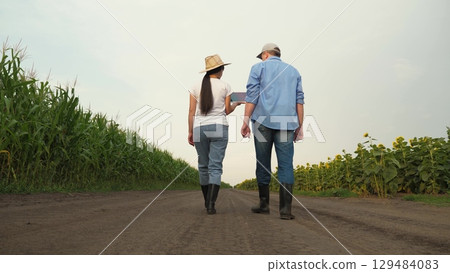 Agriculture, teamwork, business partner farmer agriculture, handshake sign of deal, harvest, fresh soil grow crops, field corn, field sunflowers, people farmers working digital tablet sunset, nature 129484083