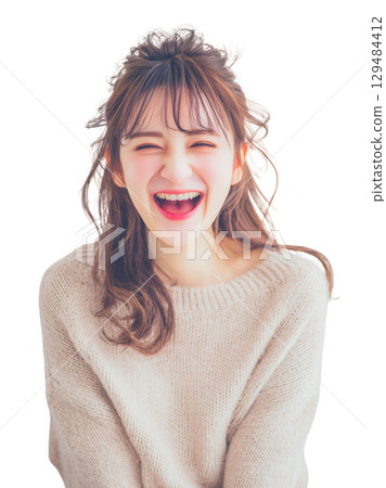 [Transparent background] Smiling woman portrait wearing a sweater 129484412