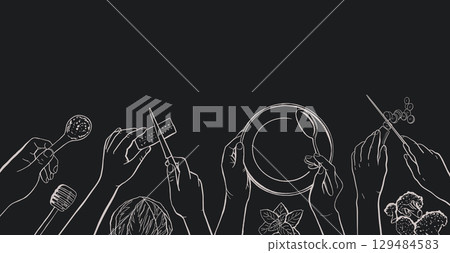 Cooking Class Blackboard Background with White Charcoal Illustration with Human Hands Cook Food, Top View Template 129484583