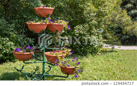 A beautiful multi-tiered metal stand for flower pots, in a park, outdoors 129484727